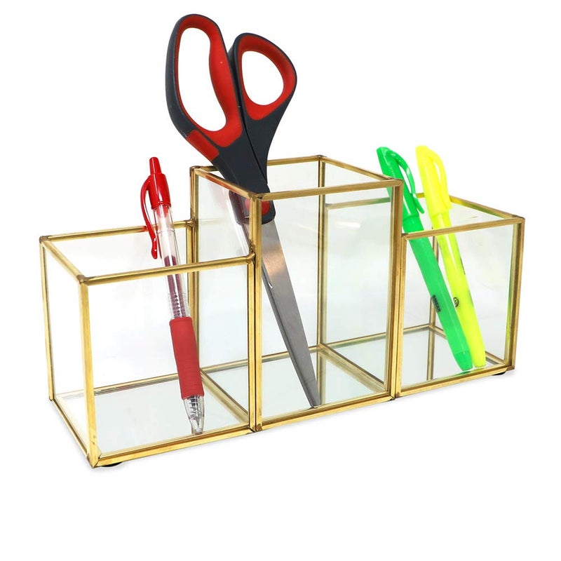 Isaac Jacobs 3-Compartment Makeup Brush Holder, Vintage Style Brass and Glass Organizer, (9.3â€ L x 3.1" W x 4.5" H) Storage Solution with Mirror Base & Taller Center Slot, for Makeup, Crafts, & More - Image 2